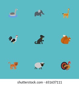 Flat Turkeycock, Animal, Mutton And Other Vector Elements. Set Of Alive Flat Symbols Also Includes Panther, Pooch, Neck Objects.