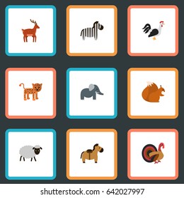 Flat Turkeycock, Horns, Panther And Other Vector Elements. Set Of Mammal Flat Symbols Also Includes Cock, Panther, Bird Objects.