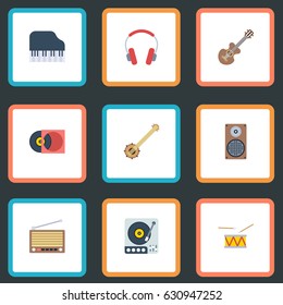 Flat Turntable, Acoustic, Retro Disc And Other Vector Elements. Set Of Studio Flat Symbols Also Includes Speaker, Banjo, Disc Objects.
