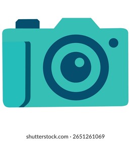 Flat turquoise camera icon with lens detail, representing vacation moments and photography.
