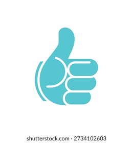 A flat turquoise icon of a hand displaying a thumbs-up gesture, signifying approval.