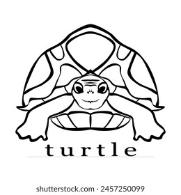 Flat turtle icon. Silhouette. Card. White background. Black object. Wild life. Safe. Vector illustration. Smiling. 