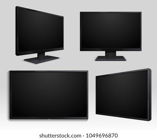 Flat tv screen and computer lcd monitor isolated 3d mockup for internet television concept. Tv screen device, wide display computer. Vector illustration