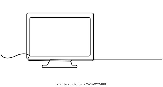  Flat tv screen or computer monitor Continuous one line drawing, Black and white vector minimalistic linear illustration isolated, Continuous one line drawing of computer monitor vector illustration.