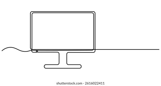  Flat tv screen or computer monitor Continuous one line drawing, Black and white vector minimalistic linear illustration isolated, Continuous one line drawing of computer monitor vector illustration.