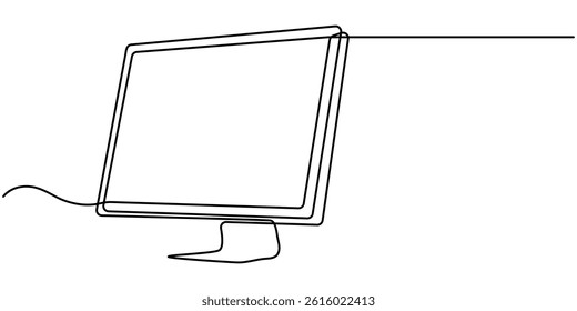  Flat tv screen or computer monitor Continuous one line drawing, Black and white vector minimalistic linear illustration isolated, Continuous one line drawing of computer monitor vector illustration.