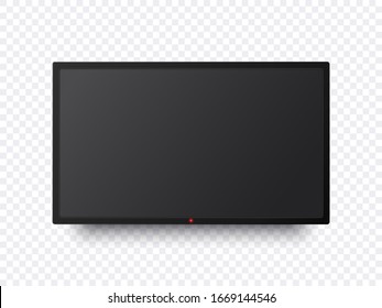 Mofa plana en la pantalla de televisión. Pantalla negra aislada en la pared transparente y con pantalla en blanco y sombra. Pantalla grande o panel de televisión. Ilustración de la tecnología vectorial.