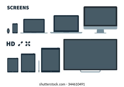 Flat TV Screen, Phone, Monitor, Laptop, Tablet And Watch With Full Screen Icons On White Background