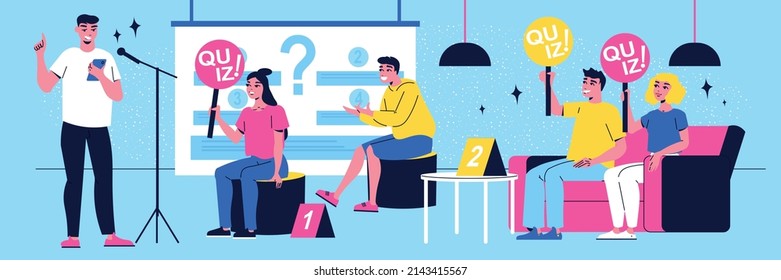 Flat tv studio with happy people participating in quiz show answering questions of male host horizontal vector illustration