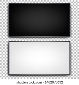 Flat tvs on a transparent background. Wall mounted plasma TV. Black and white. Realistic image. Set for design. Vector.