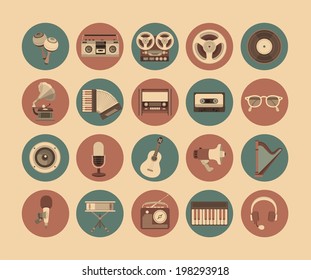 flat twenty different musical instrument icons and symbols of music and sound