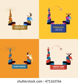 Flat Twisted Ribbon Made Of Sea Wave And The Lighthouse For Business Guide Topics. Businessman Rescue Vector Concept