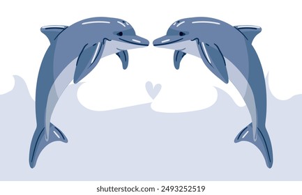 Flat two blue dolphins in a jump. Cute dolphins jump on against each other. An oceanic aquatic animal is a dolphin. Vector flat cartoon illustration with a heart made of water. Animals in love