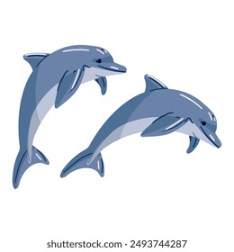 Flat two blue dolphins in a jump. Cute dolphins jumping on a white. An oceanic aquatic animal is a dolphin. Vector flat or cartoon illustration isolated on white. Cute illustration of a marine animal