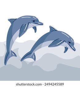 Flat two blue dolphins in a jump. Cute dolphins jump into the water. An oceanic aquatic animal is a dolphin. Vector flat cartoon illustration on the background of waves sea animals