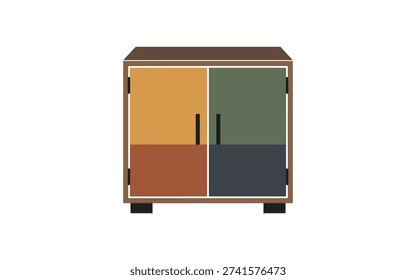 Flat two door cabinet with brown orange green and navy panels