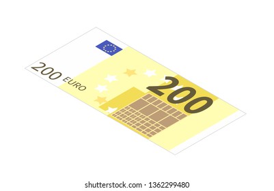 Flat two hundreds euro banknote in isometric view isolated on white