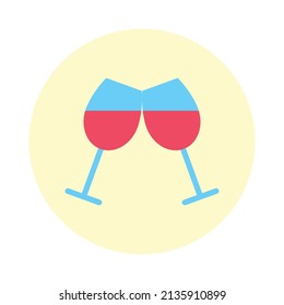 Flat two red wine glasses in yellow circle icon isolated on white background. Abstract cheers beverage sign or logo for bar restaurant design. Alcohol drink symbol. Party object vector illustration.