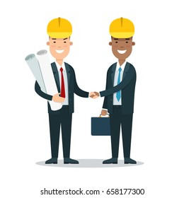 Flat Two smiley businessmen in helmets handshaking vector illustration. Successful Business Constructing concept.