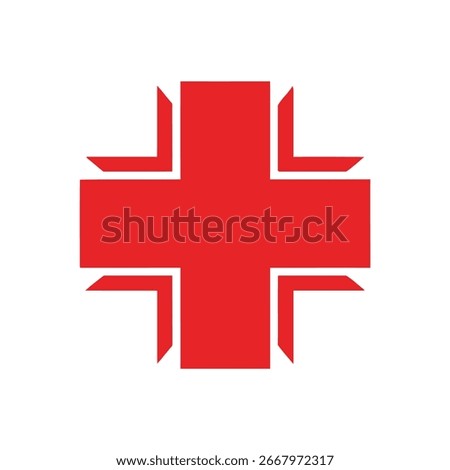 A flat, two-dimensional icon of a stylized red cross. The symbol is symmetrical with four equal arms, each featuring a unique notched and angled design at the tip.