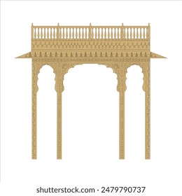 A flat, two-dimensional illustration of an ornate archway with three arches, showcasing intricate patterns and a decorative railing on top