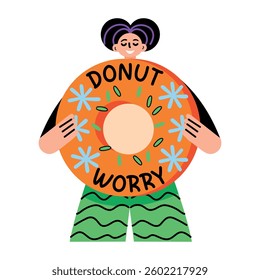 A flat typographic sticker of a character holding a large donut 