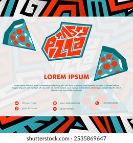 Tipografía plana de pizza sabrosa con diseño de pizza plana sobre fondo étnico plano. Restaurante de pizza o diseño de Plantilla de comida callejera