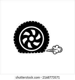 Flat Tyre Icon, Puncture In Tyre, Deflated Tire Vector Art Illustration