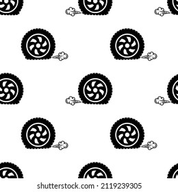 Flat Tyre Icon Seamless Pattern, Puncture In Tyre, Deflated Tire Vector Art Illustration