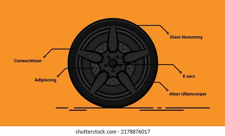 Flat Tyre Infographic Isolated On Orange Background With Its Key Features Marking Vector Image.