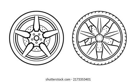 Flat Tyre Pair Outline Blueprint Isolated On White Background Vector Image.