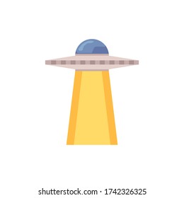 Flat UFO icon with alien abduction style yellow light beam - cartoon flying saucer lift off ray isolated on white background - fantasy vector illustration