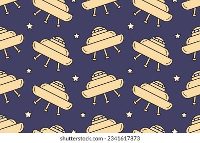 Flat UFO icon, flying saucer with aliens. Vector seamless cartoon space pattern.