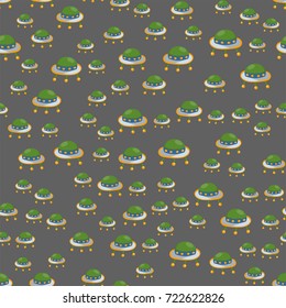 Flat ufo pattern plate in vintage style vector seamless pattern alien background spaceship technology ship rocket