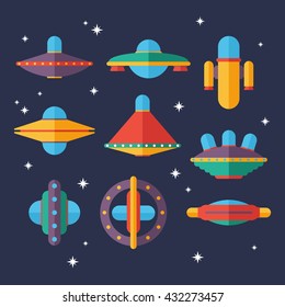 Flat Ufo spaceships set. Unidentified flying objects. Space fantastic vector illustration. 