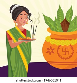 Flat Ugadi banner design with the woman doing worship. Vector graphic illustration.