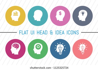 Flat UI 8 Color Idea Bulb and Head Icon Set. Eps-10.
