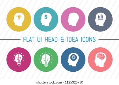 Flat UI 8 Color Idea Bulb & Head Icon Set. Eps-10.