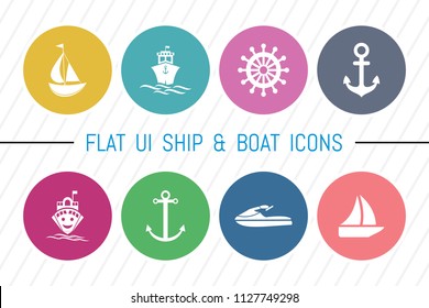 Flat UI 8 Color Ship & Boat Icon Set. Eps-10.