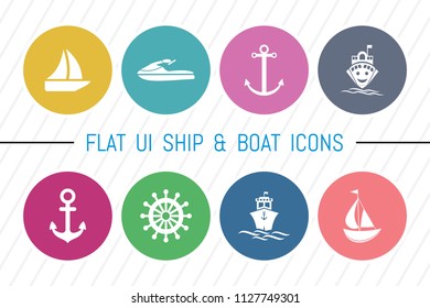 Flat UI 8 Color Ship & Boat Icon Set. Eps-10.