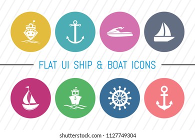 Flat UI 8 Color Ship & Boat Icon Set. Eps-10.