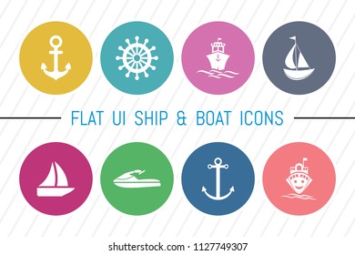 Flat UI 8 Color Ship & Boat Icon Set. Eps-10.
