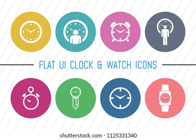 Flat UI 8 Color Watch & Clock Icon Set. Eps-10.