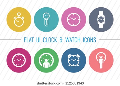 Flat UI 8 Color Watch & Clock Icon Set. Eps-10.