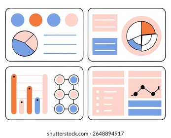 Flat UI dashboard infographic design with mixed chart types including bar, line, pie, and grid layouts. Great for reports, statistics, and education.