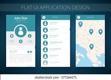 Flat UI design concept with map contact list and web elements for mobile application vector illustration