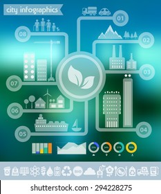 Flat ui design. eco city infographic template on blue modern blurred background