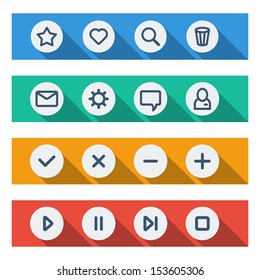 Flat UI design elements - set of basic web icons on colorful bars. Vector illustration.