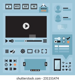 Flat UI design elements set for web and mobile - Icons, video & audio controllers, image slider, buttons, avatars, and symbols
