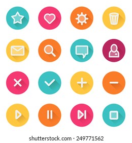 Flat UI design elements - set of basic web icons on colorful circles. Vector illustration.